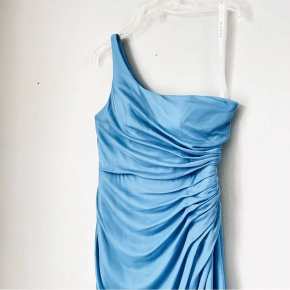 Azazie One-Shoulder Gathered Light Blue Evening Gown SZ 8 - Picture 3 of 15